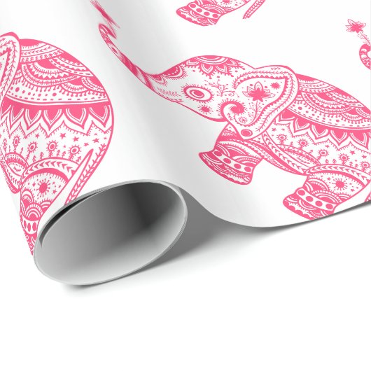 Roze Floral Elephant White Achtergrond Cadeaupapier (Rol Hoek)