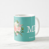 Roze Floral en Blauwgroen monogram Koffiemok (Voorkant rechts)