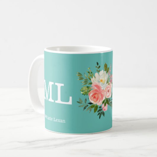 Roze Floral en Blauwgroen monogram Koffiemok (Voorkant links)