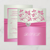 Roze Floral en Bleek groen met liefdeshart II RSVP Kaart (Voorkant / Achterkant)