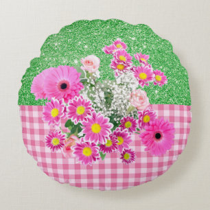 Roze Floral en Gingham Apple Green Faux Glitter Rond Kussen