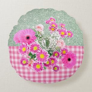 Roze Floral en Gingham Soft Green Faux Glitter Rond Kussen