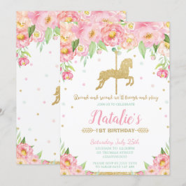 Roze Floral en Gold Carrousel 1-jarig meisje Kaart