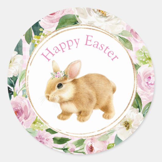 Roze Floral en Gold Happy Paast Bunny Ronde Sticker (Voorkant)