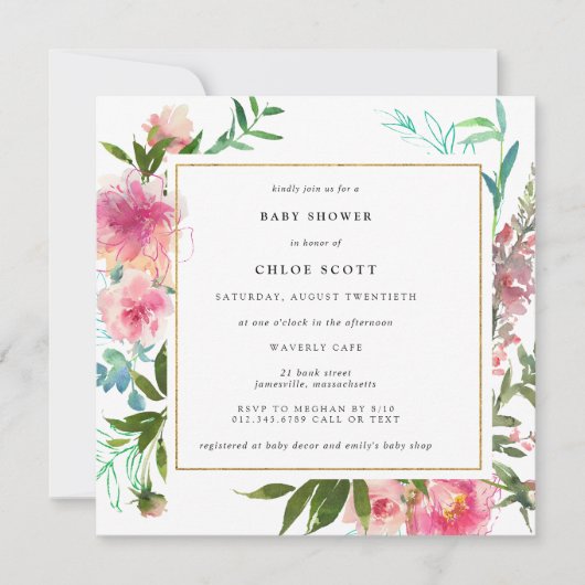 Roze Floral en goudlegant Baby shower Kaart (Voorkant)