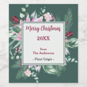 Roze Floral en groen etiket voor kerstwijn (Enkel label)