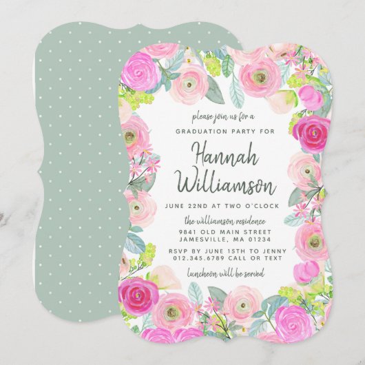 Roze Floral en Stippen Graduation Party Invitation Kaart (Voorkant / Achterkant)