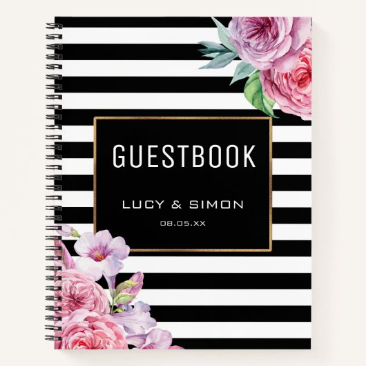 Roze Floral en Stripes Notitieboek (Voorkant)