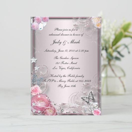 Roze Floral en vlinderrepetitie diner Kaart (Staand voorkant)