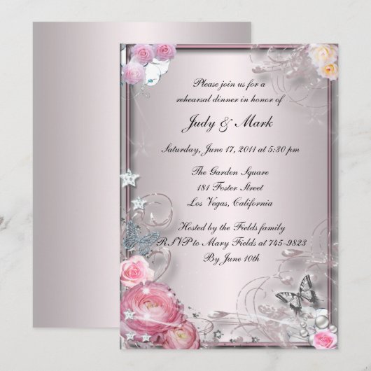 Roze Floral en vlinderrepetitie diner Kaart (Voorkant / Achterkant)