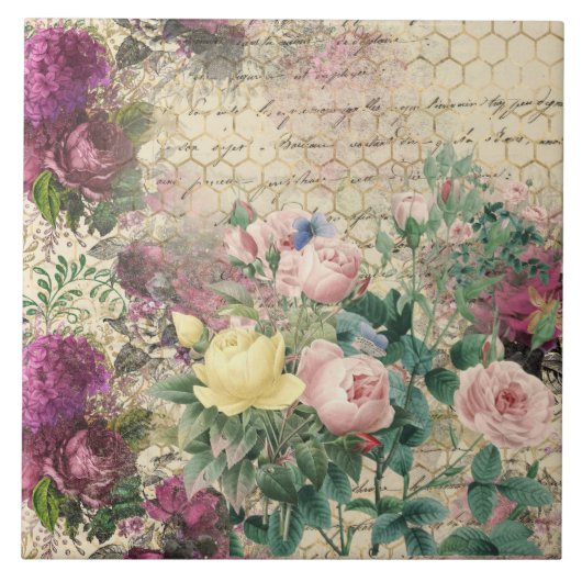 Roze Floral Ephemera met bijenkorf en handschrift Tegeltje (Voorkant)