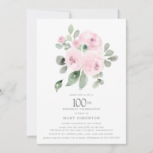 Roze Floral Eucalyptus 100th Birthday Party Kaart (Voorkant)