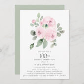 Roze Floral Eucalyptus 100th Birthday Party Kaart (Voorkant / Achterkant)