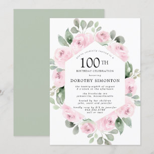 Roze Floral Eucalyptus 100th Birthday Party Kaart