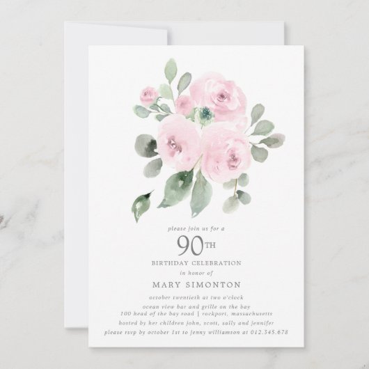 Roze Floral Eucalyptus 90th Birthday Party Kaart (Voorkant)