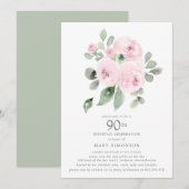 Roze Floral Eucalyptus 90th Birthday Party Kaart (Voorkant / Achterkant)