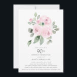Roze Floral Eucalyptus 90th Birthday Party Kaart<br><div class="desc">Eer een speciaal persoon met deze elegante uitnodiging van het 90e Birthday feest. Roze rozen die in zachte,  groene eucalyptusbladeren zijn genestd,  vormen een modern botanisch boeket. Alle tekst kan worden bewerkt,  dus je kunt je speciale viering perfect beschrijven</div>