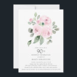 Roze Floral Eucalyptus 90th Birthday Party Kaart<br><div class="desc">Eer een speciaal persoon met deze elegante uitnodiging van het 90e Birthday feest. Roze rozen die in zachte,  groene eucalyptusbladeren zijn genestd,  vormen een modern botanisch boeket. Alle tekst kan worden bewerkt,  dus je kunt je speciale viering perfect beschrijven</div>