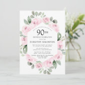 Roze Floral Eucalyptus 90th Birthday Party Kaart (Staand voorkant)