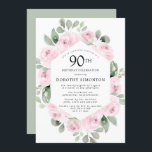Roze Floral Eucalyptus 90th Birthday Party Kaart<br><div class="desc">Eer een speciaal persoon met deze elegante uitnodiging van het 90e Birthday feest. Roze rozen die in zachte,  groene eucalyptusbladeren zijn genestd,  vormen een modern botanisch lijst. Alle tekst kan worden bewerkt,  dus je kunt je speciale viering perfect beschrijven</div>
