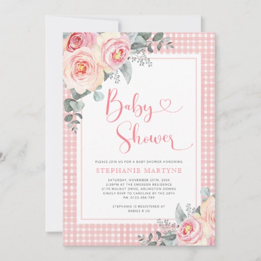 Roze Floral Eucalyptus Gingham Baby shower Kaart (Voorkant)