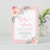 Roze Floral Eucalyptus Gingham Baby shower Kaart (Staand voorkant)