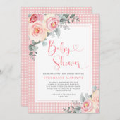 Roze Floral Eucalyptus Gingham Baby shower Kaart (Voorkant / Achterkant)