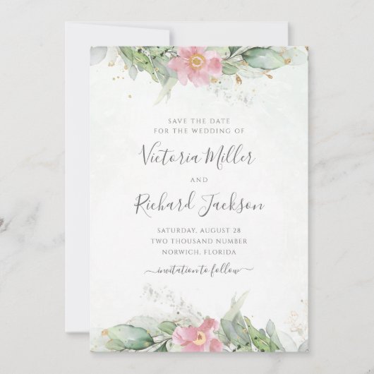 Roze Floral Eucalyptus Green Foliage Weddenschap Save The Date (Voorkant)