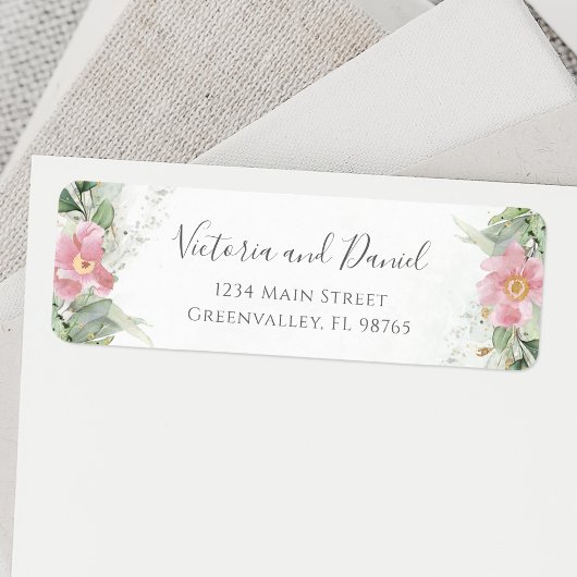 Roze Floral Eucalyptus Greenery Return Address Etiket
