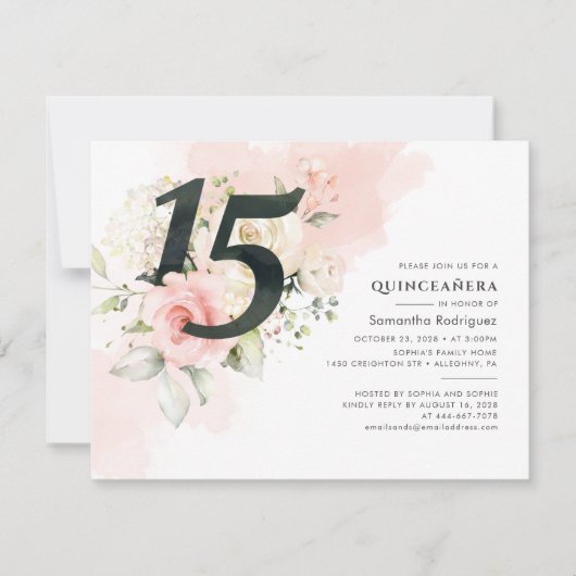 Roze Floral Eucalyptus Quinceanera 15e verjaardag Kaart (Voorkant)