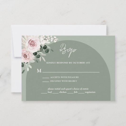 Roze Floral Eucalyptus Sage Green Wedding RSVP Kaartje (Voorkant)