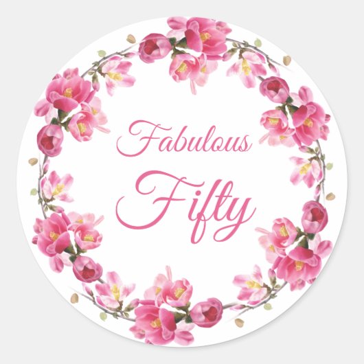 Roze Floral Fabulous 50 zaterdag Ronde Sticker (Voorkant)