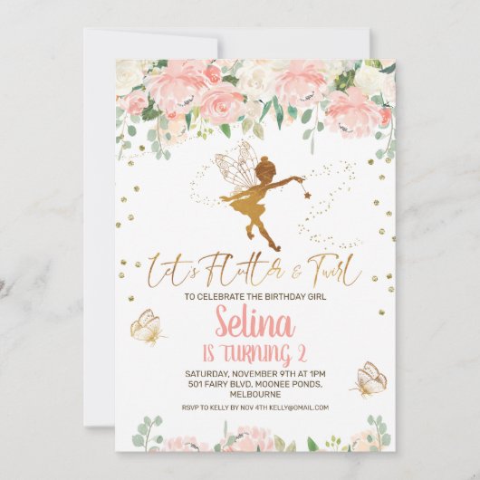 Roze Floral Fairies Butterfly Birthday Uitnodiging (Voorkant)