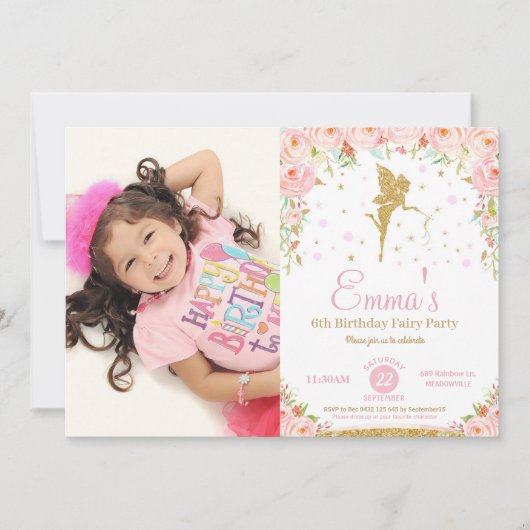 Roze Floral Fairy 1e verjaardag Uitnodiging (Voorkant)