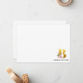 Roze Floral Faux Gold Letter B Monogram Naam Notitiekaartje (Voorkant / Achterkant in situ)