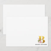 Roze Floral Faux Gold Letter B Monogram Naam Notitiekaartje (Voorkant / Achterkant)