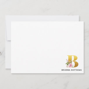 Roze Floral Faux Gold Letter B Monogram Naam Notitiekaartje