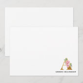 Roze Floral Faux Gold Monogram Naam Letter A Notitiekaartje (Voorkant / Achterkant)