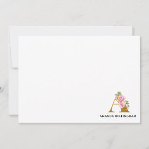 Roze Floral Faux Gold Monogram Naam Letter A Notitiekaartje