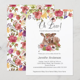 Roze Floral Fawn Oh Deer Girl Baby shower Kaart