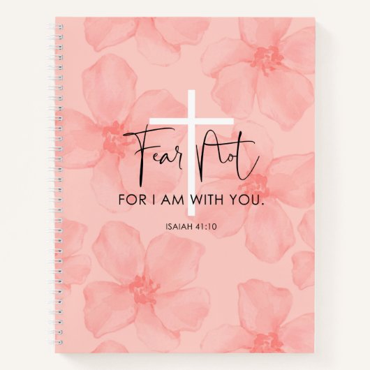 Roze Floral Fear not Isaiah 41:10 Bijbelversie Notitieboek (Voorkant)