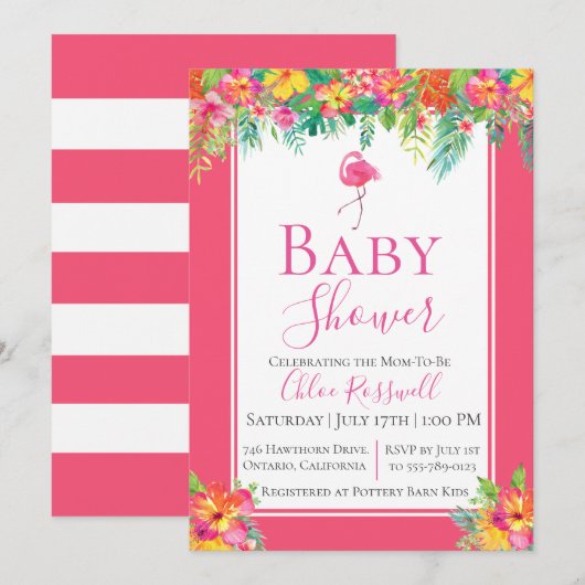 Roze Floral Flamingo Baby shower Invitation Kaart (Voorkant / Achterkant)