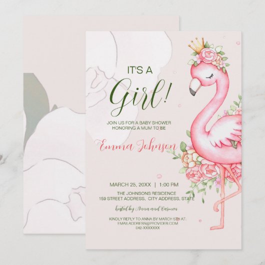 Roze Floral Flamingo Baby shower Kaart (Voorkant / Achterkant)