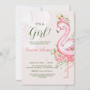 Roze Floral Flamingo Baby shower Kaart