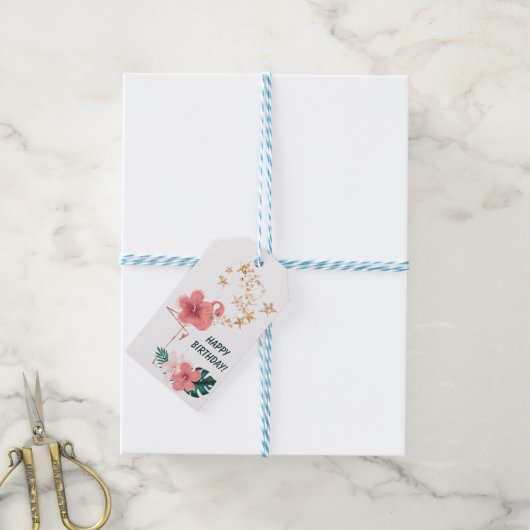  roze Floral Flamingo Birthday Cadeaulabel (Met Touw)