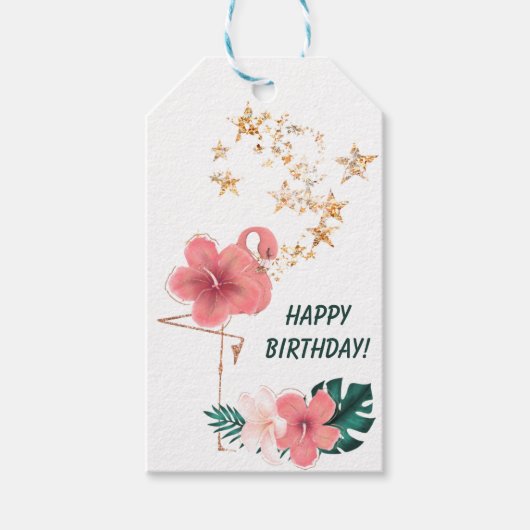 roze Floral Flamingo Birthday Cadeaulabel (Voorkant)