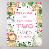 Roze Floral Foliage Safari Birthday Welkom Poster (Voorkant)