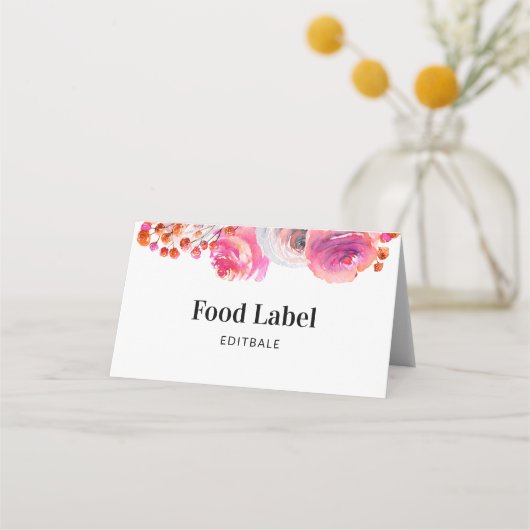 Roze Floral Food Label Buffet Kaart Plaatskaartje (Voorkant)