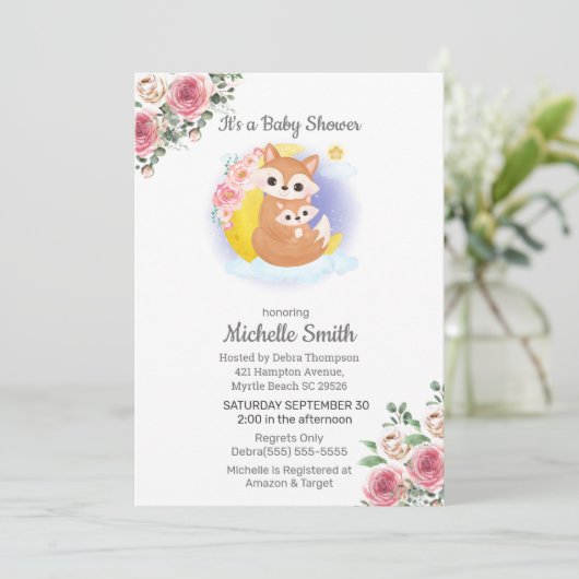 Roze Floral Fox Mam Baby shower Uitnodiging (Staand voorkant)