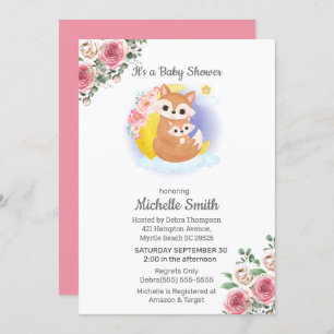 Roze Floral Fox Mam Baby shower Uitnodiging